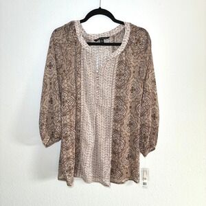 NWT Zac & Rachel Lightweight Mandala Blouse Womens XL Travel Boho Neutral Office